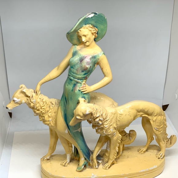 Vintage Art Deco Statue Woman Borzoi Dogs Russian Wolfhounds Figurine 13 inch
